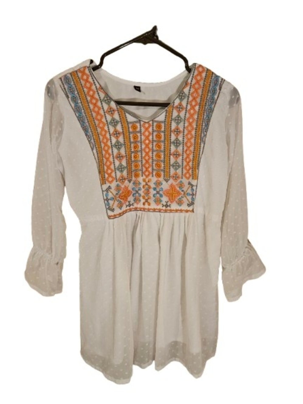 Boho Embroidered Cream Peasant Top with Orange & Blue Accents